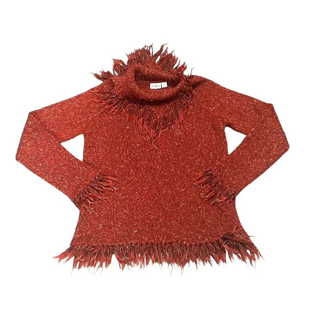 Cato Size S Rusted Red Boucle Fringe Mockneck Sweater Cozy Western Cowgirlcore - Picture 9 of 12